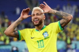 DOHA, QATAR - DECEMBER 05: Neymar of Brazil celebrates  following the FIFA World Cup Qatar 2022 Round of 16 match between Brazil and South Korea at Stadium 974 on December 05, 2022 in Doha, Qatar. (Photo by Alex Livesey - Danehouse/Getty Images)