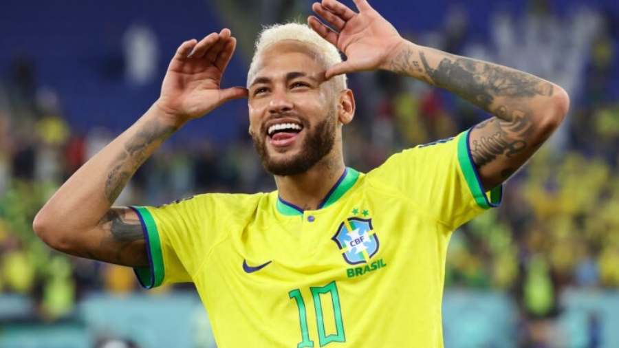 DOHA, QATAR - DECEMBER 05: Neymar of Brazil celebrates  following the FIFA World Cup Qatar 2022 Round of 16 match between Brazil and South Korea at Stadium 974 on December 05, 2022 in Doha, Qatar. (Photo by Alex Livesey - Danehouse/Getty Images)