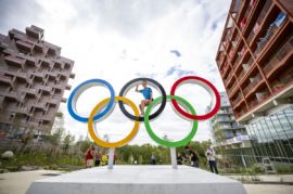 PARIS, FRANCE - JULY 23: Sarah De Nutte of Luxemburg poses at the Olympic rings inside the Olympic village ahead of the Paris 2024 Olympic Games on July 23, 2024 in Paris, France. (Photo by Kevin Voigt/GettyImages)