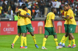 JOHANNESBURG, SOUTH AFRICA - SEPTEMBER 06:  South Africa celebrates after scoring a goal during the 2025 African Cup of Nations, Qualifier match between South Africa and Uganda at Orlando Stadium on September 06, 2024 in Johannesburg, South Africa. (Photo by Alche Greeff/Gallo Images)
