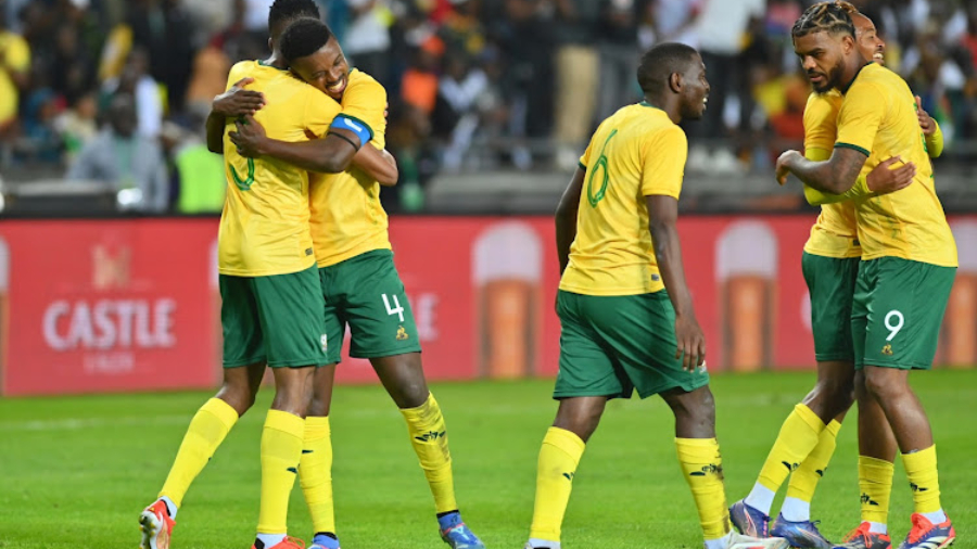 JOHANNESBURG, SOUTH AFRICA - SEPTEMBER 06: South Africa celebrates after scoring a goal during the 2025 African Cup of Nations, Qualifier match between South Africa and Uganda at Orlando Stadium on September 06, 2024 in Johannesburg, South Africa. (Photo by Alche Greeff/Gallo Images)
