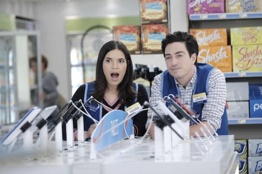 SUPERSTORE -- "Toxic Workplace" Episode 403 -- Pictured: (l-r) America Ferrera as Denise, Ben Feldman as Jonah -- (Photo by: Eddy Chen/NBC)